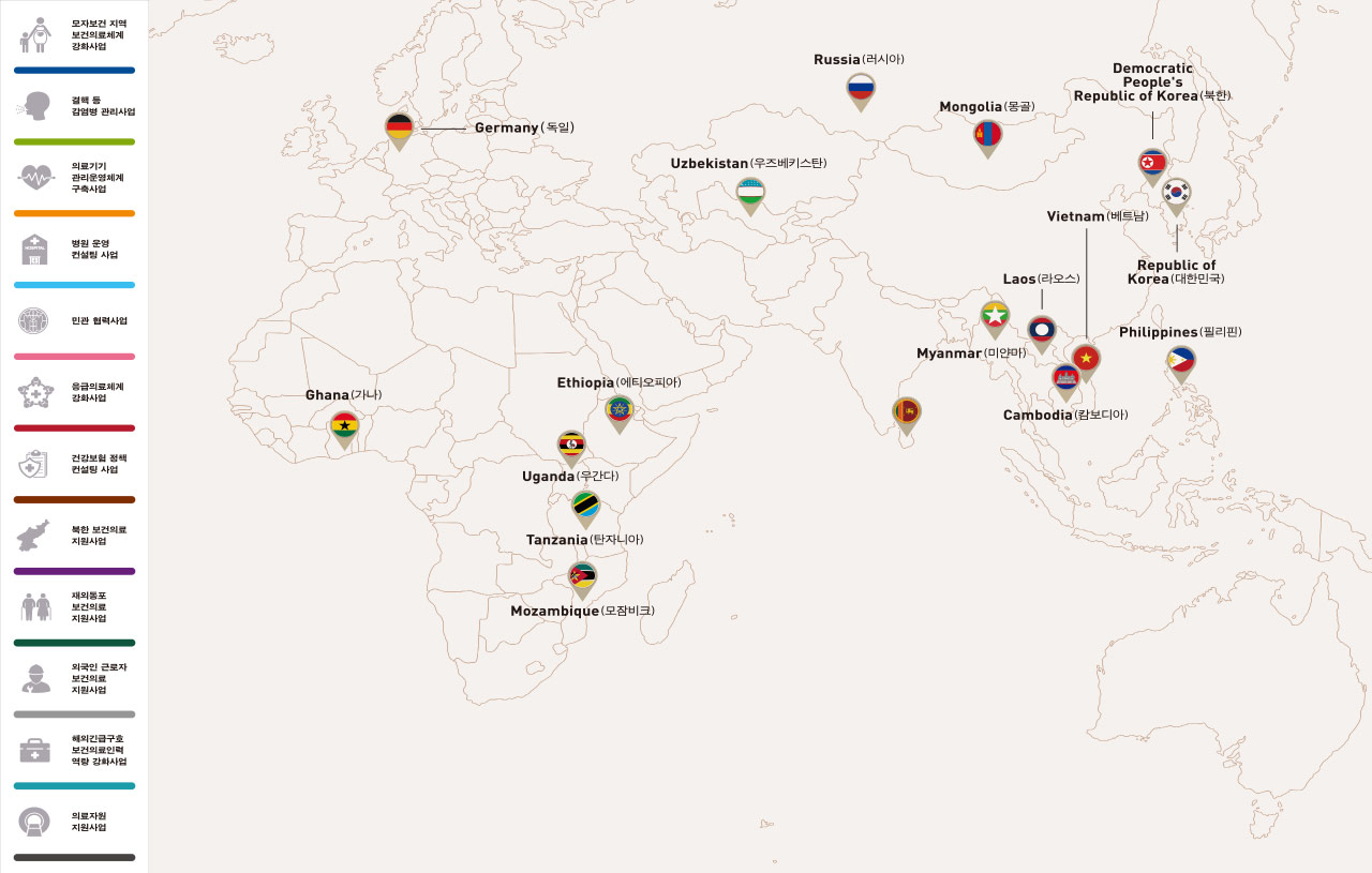 모자보건 지역 보건의료체계 강화사업 결핵등 감염병 관리사업 의료기기 관리운영체계 구축사업 병원운영 컨설팅사업 민관협력사업 응급의료체계 강화사업 건강보험정책 컨설팅 사업 북한 보건의료 지원사업 재외동포 보건의료 지원사업 외국인 근로자 보건의료 지원사업 해외긴급구호 보건의료인력 역량강화사업 의료 자원 지원 사업 Germany(독일) Ghana(가나) Mozambique(모잠비크) Tanzania(탄자니아) Uganda(우간다) Ethiopia(에티오피아) Uzbekistan(우즈베키스탄) Russia(러시아) Mongolia(몽골) Democratic People's Republic of Korea(북한) Republic of Korea(대한민국) Philippines(필리핀) vietnam(베트남) Cambodia(캄보디아) Laos(라오스) Myanmar(미얀마) Sri Lanka(스리랑카)